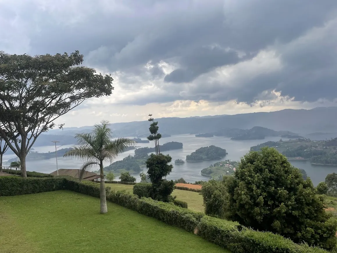 Lake Bunyonyi in Uganda, with green islands and surrounding hills