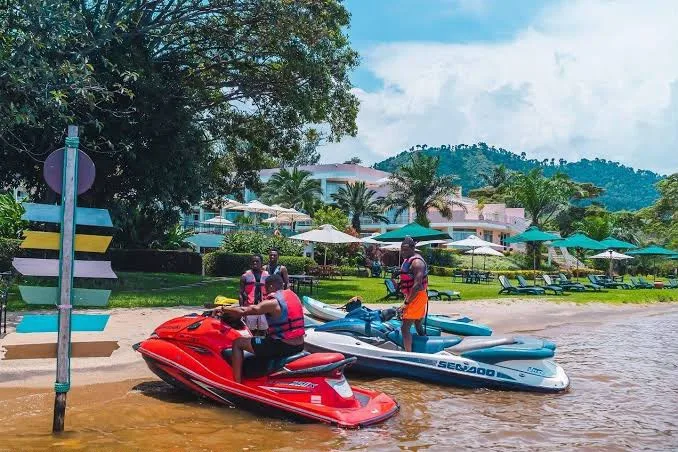 Jet skis at a lakeside beach on Lake Kivu, Rwanda