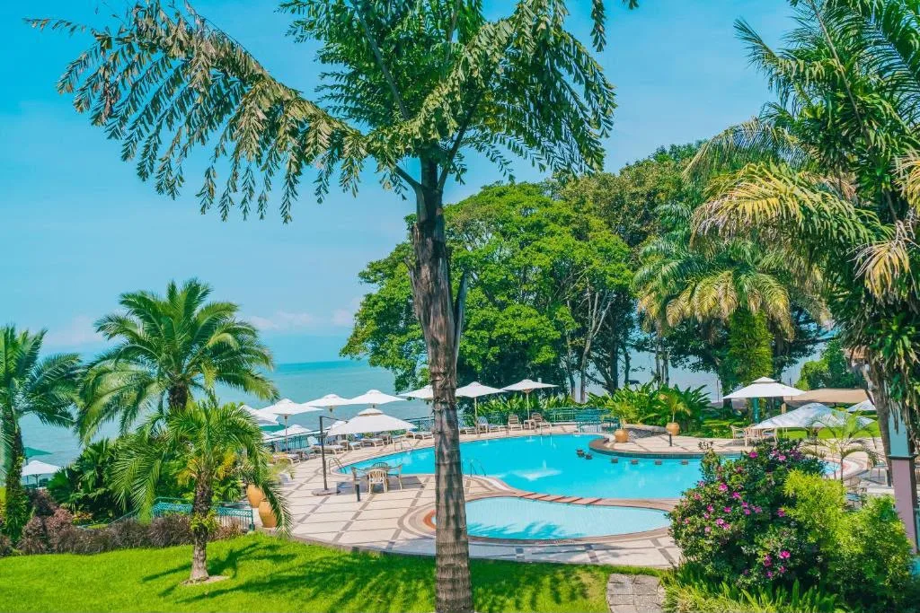 Pool and gardens beside Lake Kivu, Rwanda