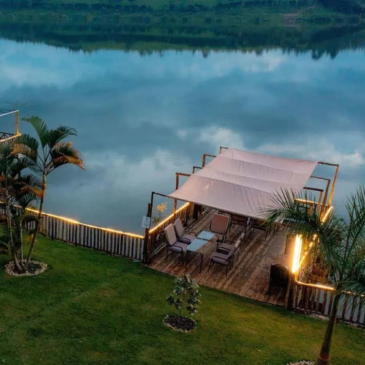 Lakeside seating and gardens at Lake Muhazi, Rwanda
